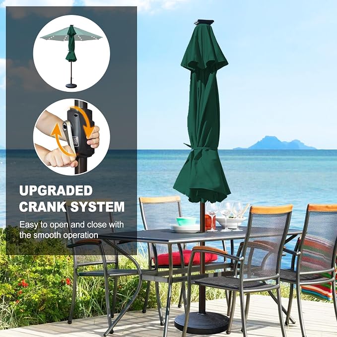 Eurmax USA 10-Year-Non-Fading 10FT Outdoor Patio Market Umbrella with LED Lights,UPF50+ UV Resistant,Heavy Duty Commercial Grade,Crank Lift Design,Windproof Vented Top for Garden,Pool,Deck,Forest Green