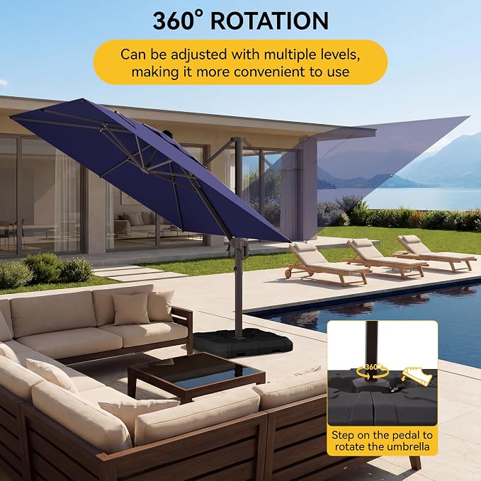 10x10FT Cantilever Outdoor Umbrella with Base, 360° Rotating Large Offset Square Patio Umbrella, Ideal for Garden Backyard Deck Courtyard, Navy Blue