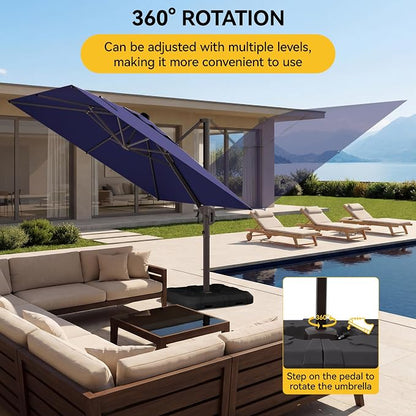 10x10FT Cantilever Outdoor Umbrella with Base, 360° Rotating Large Offset Square Patio Umbrella, Ideal for Garden Backyard Deck Courtyard, Navy Blue