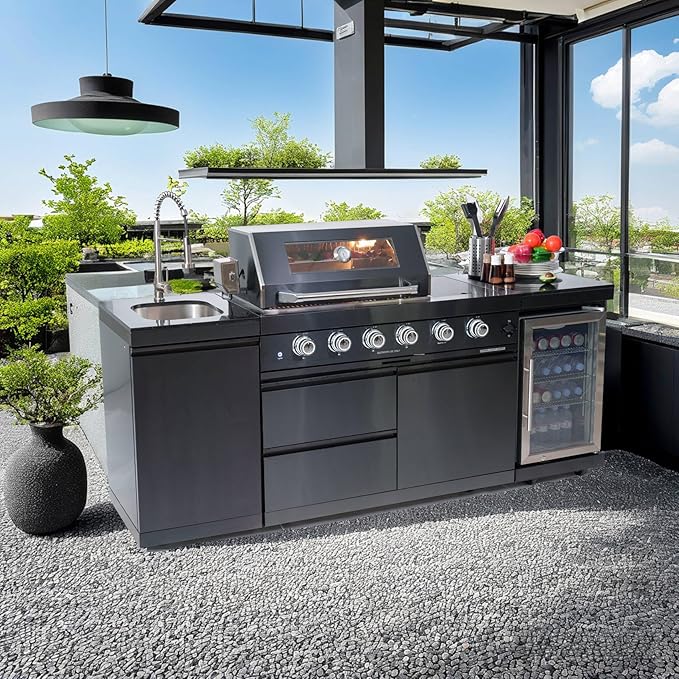4 Burner Outdoor Kitchen Island with Grill and Side Burner, 72000 BTU Deluxe Stainless Steel Modular Outdoor Kitchen, Gas Propane BBQ Island with Refrigerator, Sink, Rotisserie, 85"W, Black
