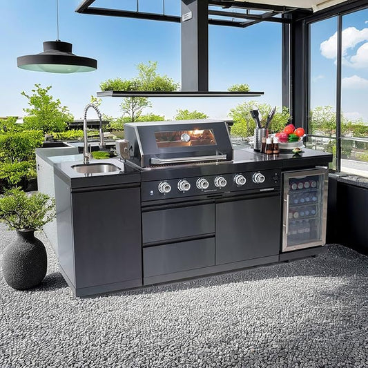 4 Burner Outdoor Kitchen Island with Grill and Side Burner, 72000 BTU Deluxe Stainless Steel Modular Outdoor Kitchen, Gas Propane BBQ Island with Refrigerator, Sink, Rotisserie, 85"W, Black