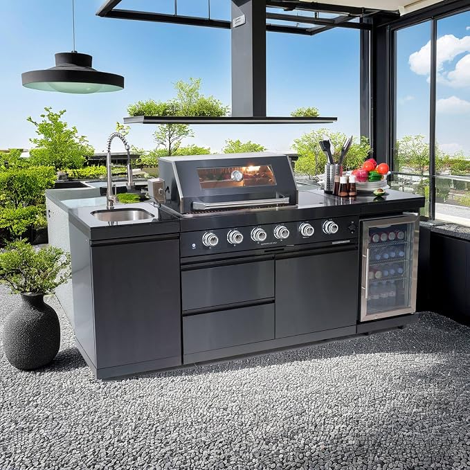 104" Modular Outdoor Kitchen Island With Grill And Side Burner, 4-burner 72,000 Btu Propane Bbq Island, Refrigerator, Separate Sink & Prep Station, For Backyard NG-Black 72000BTU/85 Inch