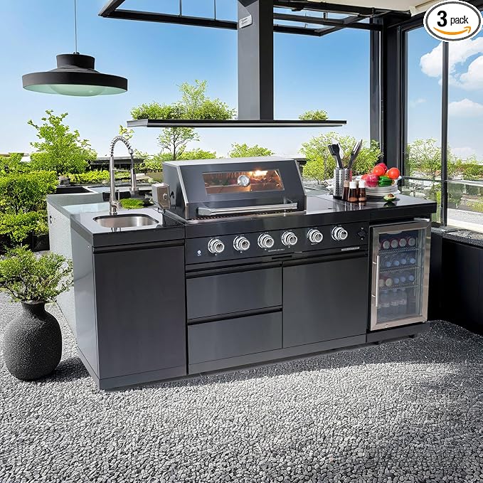 85" Modular Outdoor Kitchen Island with Grill and Side Burner, 4-Burner 72,000 BTU Propane BBQ Island, Refrigerator, Sink & Rotisserie, for Backyard and Patio Cooking, Black
