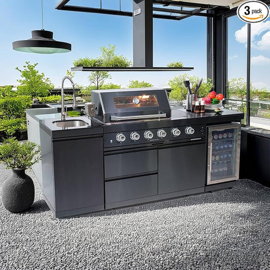 85" Modular Outdoor Kitchen Island with Grill and Side Burner, 4-Burner 72,000 BTU Propane BBQ Island, Refrigerator, Sink & Rotisserie, for Backyard and Patio Cooking, Black