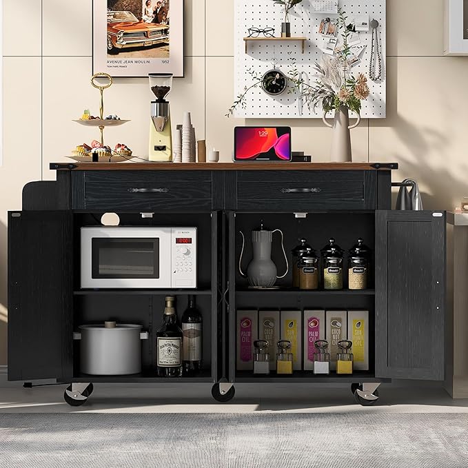 53.5''Farmhouse Kitchen Island with Power Outlet,Storage Cart W/Drop Leaf/Spice Rack/Drawer,Rolling KitchenCart on Wheels,for Home,Dining Room,Black