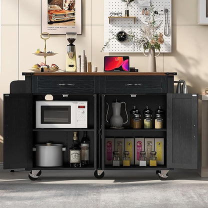 53.5''Farmhouse Kitchen Island with Power Outlet,Storage Cart W/Drop Leaf/Spice Rack/Drawer,Rolling KitchenCart on Wheels,for Home,Dining Room,Black