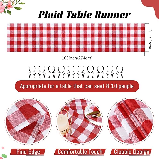 Red Plaid Table Runner Valentines Buffalo Checkered Centerpiece Fabric 13x108 Inch 4 Packs Table Cloths Party Picnic Decorative Gingham Rectangle Red and White Checkered Linen Decorations