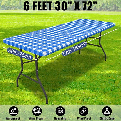 Smiry Picnic Table Cloth 2 Pack, Waterproof Elastic Fitted Tablecloths for 6FT Rectangle Tables, Washable Polyester Buffalo Plaid Tablecloth for Camping, Dining & Outdoor (Blue & White, 30" x 72")