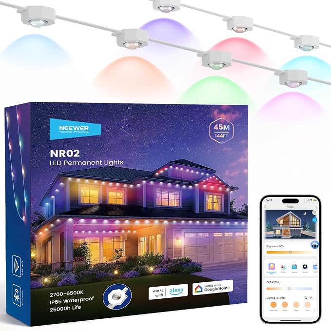 NEEWER 144ft Permanent Outdoor Lights for House Decor, Smart AI RGB IC CW Outside Eaves String Christmas Lighting, 90 LED Lights, App Control 50+ Scenes IP65 Waterproof, Compatible with Alexa, NR02