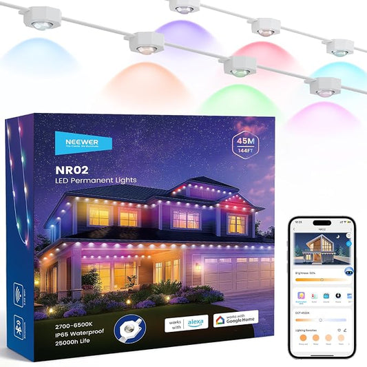 NEEWER 144ft Permanent Outdoor Lights for House Decor, Smart AI RGB IC CW Outside Eaves String Christmas Lighting, 90 LED Lights, App Control 50+ Scenes IP65 Waterproof, Compatible with Alexa, NR02