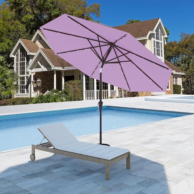 9FT Patio Umbrella with Solar Lights,Outdoor Market Umbrella with Tilt and Crank, LED Lighted Table Umbrella for Garden,Deck,Backyard,Pool,Beach (Taro Purple)