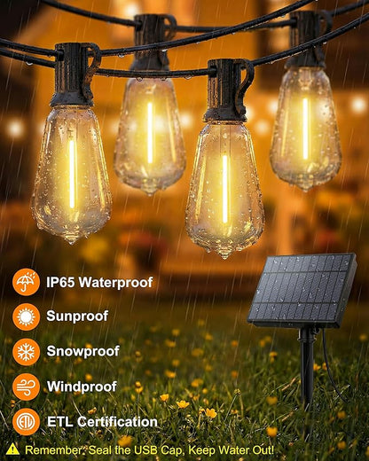108FT (48+2) Outdoor String Lights Solar Powered, ST38 Dimmable Patio Lights with Remote & USB Charging, Dusk to Dawn, 2700K LED String Solar Light for Backyard, Garden, Porch, Wedding Decor