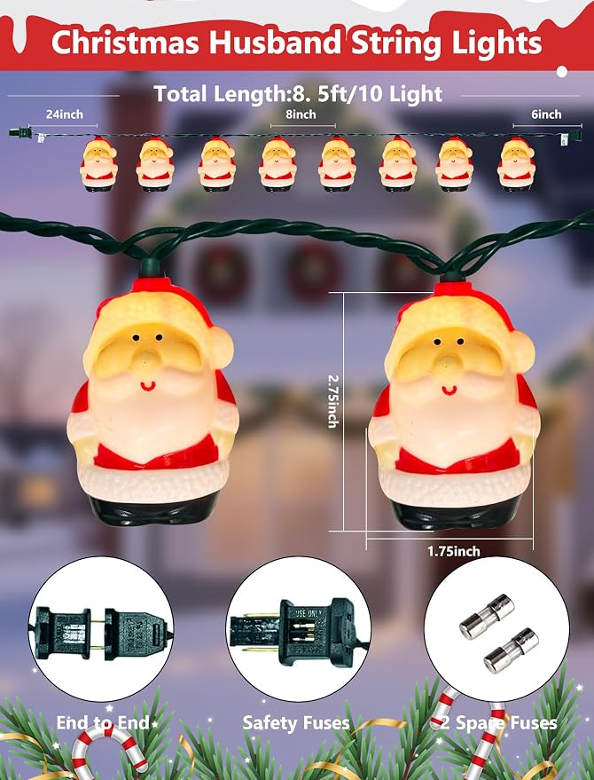 Christmas Santa String Lights Outdoor, 8.5Ft Vintage Christmas Decorations String Lights with 10 LED Santa Lights, Hanging Christmas Window Fairy Lights for Indoor Party Holiday Xmas Tree Decor