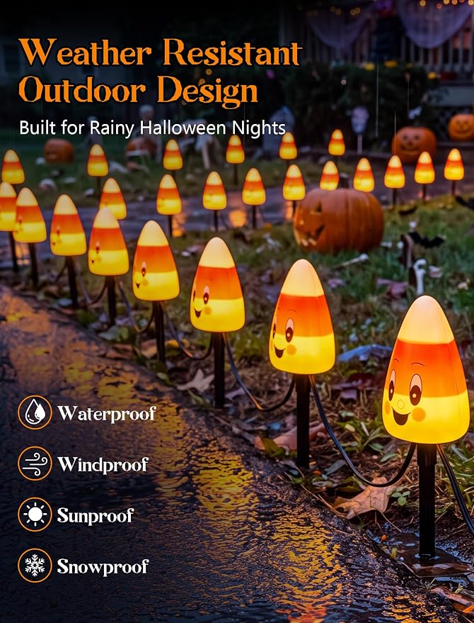Halloween Candy Corn Pathway Lights Outdoor, 7Ft C7 LED Halloween Decorations Candy Corn Pathway String Lights Waterproof with 4 Stakes for Outdoor Garden Walkway Driveway Lawn Party Decor