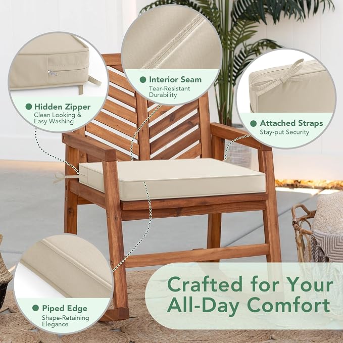 Outdoor Chair Cushions Set of 2: Waterproof & Fade Resistant Seat Cushion for Patio Furniture - 18.5 x 16 x 2 Inch Chair Pads with Ties and Hidden Zipper - Patio Chair Cushion Replacement, Beige