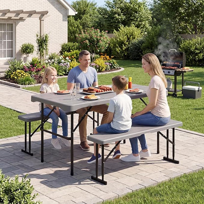 GIANTEX Folding Picnic Table Set w/ 2 Benches, 44" HDPE, Gray | Foldable Table & Chairs, All Weather Resistant, Space-Saving & Portable for Camping Party Dining BBQ, Large Weight Capacity