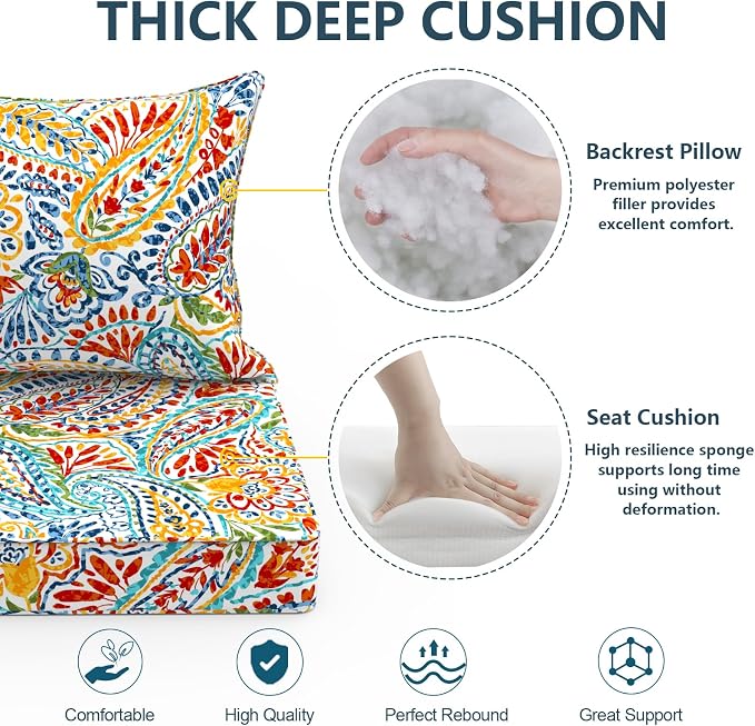 DYTXIII Outdoor Deep Seat Cushion Set, Water Repellent 24"x24" Patio Thick Cushions Replacement with Seat & Back Pillow for Patio Sofa, Wicker Chair, Couch - Paisley Multi