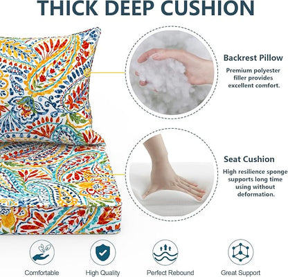 DYTXIII Outdoor Deep Seat Cushion Set, Water Repellent 24"x24" Patio Thick Cushions Replacement with Seat & Back Pillow for Patio Sofa, Wicker Chair, Couch - Paisley Multi