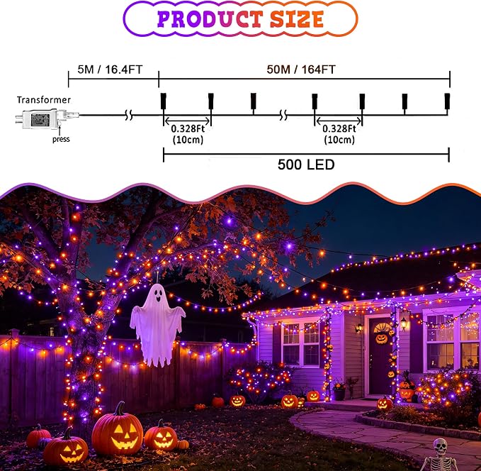 weillsnow 500 LED Halloween Lights Outdoor,164 FT Twinkle Lights Waterproof | Purple&Orange, 8 Modes, Plug in, Timer & Memory Function, for Halloween Party Garden and Home Decor, Indoor&Outdoor Use