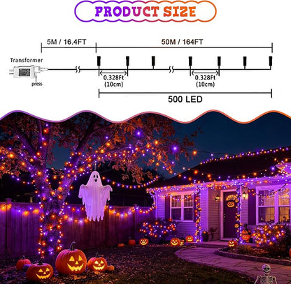 weillsnow 500 LED Halloween Lights Outdoor,164 FT Twinkle Lights Waterproof | Purple&Orange, 8 Modes, Plug in, Timer & Memory Function, for Halloween Party Garden and Home Decor, Indoor&Outdoor Use