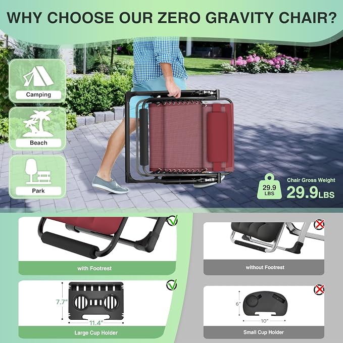 Suteck Oversized Zero Gravity Chair,500LBS 33In XXL Outdoor Recliner Chairs | w/Removable Cushion&Headrest, Camping Lounge Chair w/ Upgraded Lock&Footrest, Reclining Patio Chairs for Indoor Outdoor