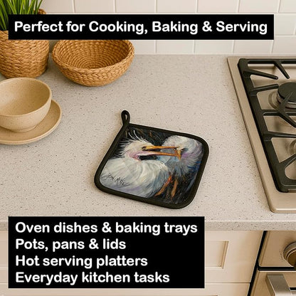 Caroline's Treasures JMK1213PTHD White Egret Pair of Pot Holders Kitchen Heat Resistant Pot Holders Sets Oven Hot Pads for Cooking Baking BBQ, 7 1/2 x 7 1/2