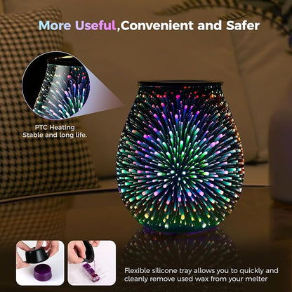Inrorans Glass Electric Wax Melt Warmer Oil Burner with Stable Heating PTC Reusable Silicone Tray 7 Colorful Changing Led Light Night Light Scent Warmer for Home Fragrance Warmers-Fireworks Timer