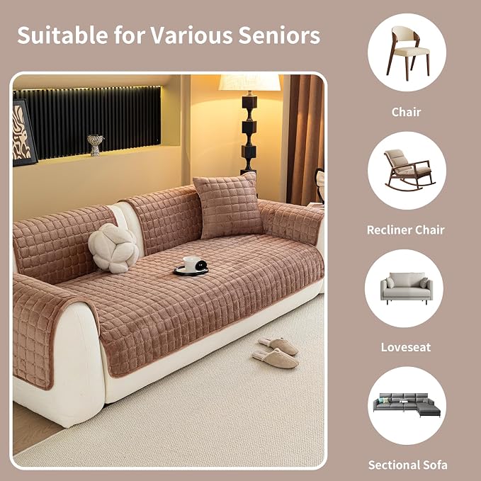 Velvet Couch Cover, Plush Sectional Sofa Cover Washable, Anti Slip Sofa Slipcover for 3 Cushions Sofas, Furniture Protector Covers for Pets & Kids(1PC, Dark Brown, 35.4"×71", 3-Seater)