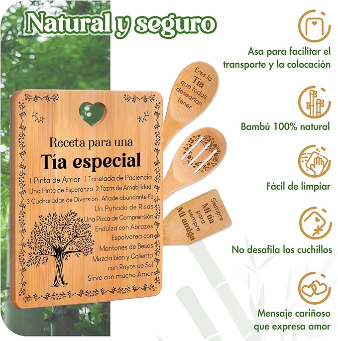 Regalos de cumpleaños para Tía - "Receta para una Tía especial". Juego de tablas de cortar y utensilios de bambú grabados. Regalos de cumpleaños para Tía. Spanish Aunt Cutting Board