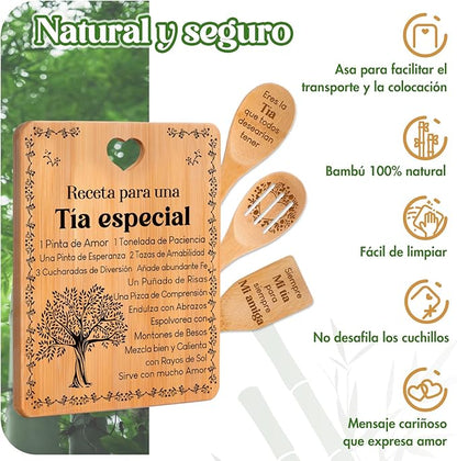 Regalos de cumpleaños para Tía - "Receta para una Tía especial". Juego de tablas de cortar y utensilios de bambú grabados. Regalos de cumpleaños para Tía. Spanish Aunt Cutting Board