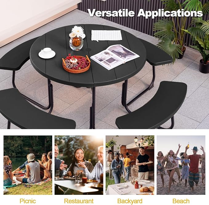 Tangkula 8 Person Picnic Table, Outdoor Round Picnic Table with 4 Built-in Benches, Umbrella Hole, Metal Frame & HDPE Tabletop, Outside Table and Bench Set for Backyard, 2300lbs Weight Capacity