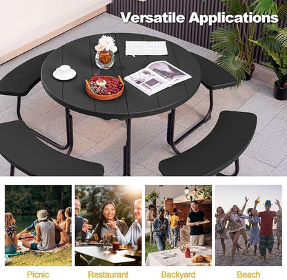 Tangkula 8 Person Picnic Table, Outdoor Round Picnic Table with 4 Built-in Benches, Umbrella Hole, Metal Frame & HDPE Tabletop, Outside Table and Bench Set for Backyard, 2300lbs Weight Capacity