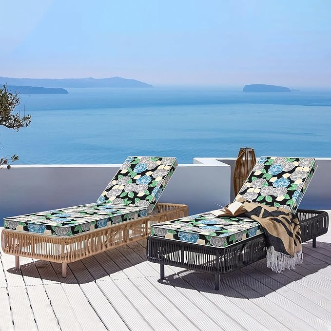 LVTXIII Outdoor Chaise Lounge Cushion 72x21x3 Inch, Water-Repellent Patio Seat Cushion with Ties & Hidden Zipper, Thick Foam Pad for Lawn Chair, Poolside, Patio Furniture, Sketch Peony