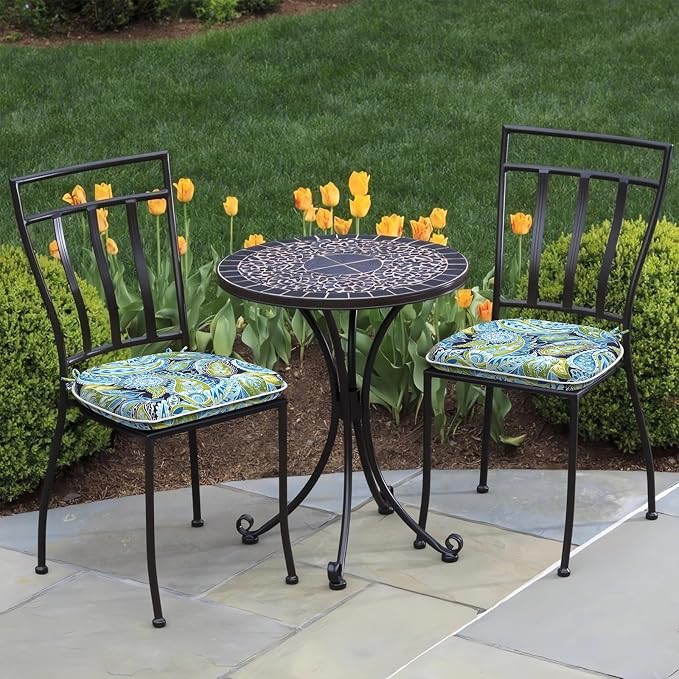 DYTXIII Set of 2 Outdoor Chair Cushions with Ties,Water Repellent Patio Chair Pads 17"x 16" for Outdoor Furniture,Round Corner Seat Cushions for Garden Yard Kitchen Paisley Lapis Green