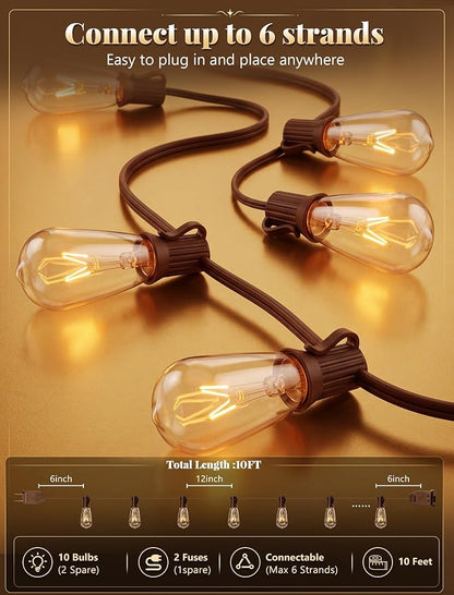 10Ft ST40 Outdoor String Lights with 11 Incandescent Bulbs, E17 Scoket Base, Waterproof Patio String Lights, Hanging Vintage Edison Lights Outdoor for Backyard Garden Porch Party Wedding Decor, Brown