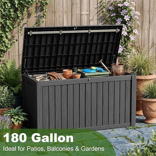 Vixzen 180 Gallon Deck Boxes Outdoor Waterproof, Resin Lockable Storage Box for Patio Cushions Storage Furniture, Garden Tools, Pool Supplies, Weatherproof and UV Resistant (Black, 180 Gallon)