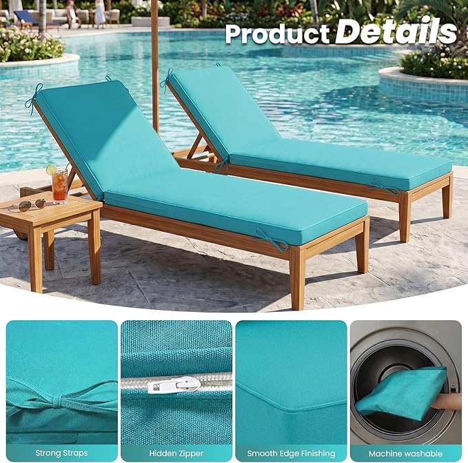 Chaise Lounge Cushions Outdoor Set of 2, Water-resistant and Fade-Resistant Patio Lounge Chair Cushions, Furniture Replacement Cushions Ideal for Pools, Gardens and Balconies, 80" x 26" x 3",Lake Blue
