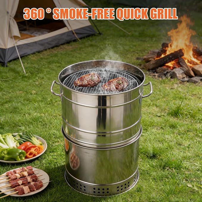 Barril Para Asar Carne, Large Portable Charcoal Grills with S Hook Grilled Fish Clip Shakers Stainless 360° Smokeless Outdoor Barbecue Grill for Outdoor Cooking and Barbecue