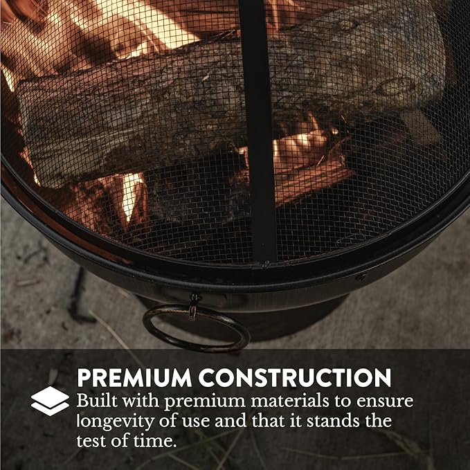 GasOne 22 in Round Outdoor Fire Pit - Wood Burning With Mesh Lid and Fire Picker - Durable Alloy Steel for Outside - Small for Backyard, Porch, Deck, Camping, BBQ