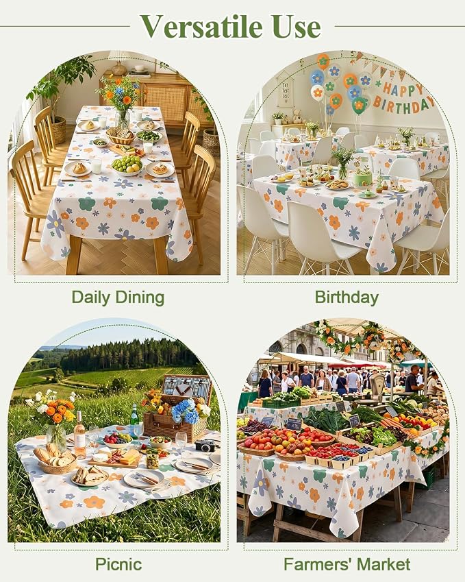 Seenus Waterproof Floral Vinyl Rectangle Tablecloth with Flannel Backing | 54x72 Inch Wipeable Flower Table Cloth Rectangular for Summer Indoor Outdoor Picnic Birthday Party, Cute Plastic Tablecover