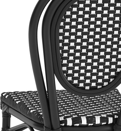 Flash Furniture Lourdes Indoor/Outdoor Commercial Thonet Bistro Stack Chair - Black/White PE Rattan Back and Seat - Black Metal Frame