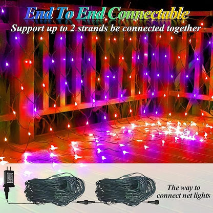 Lovelite 300LED Net Lights Halloween Decorations, 14.8ft x 5ft Outdoor Mesh Lights 8 Modes & Timer, Connectable Waterproof Christmas Light for Bushes Xmas Tree Party Garden Lawn, Purple Orange