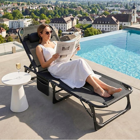 ABORON 3-in-1 Folding Patio Lounge Chair, 440LB Heavy-Duty Tri-Fold Guest Bed with Plush Cotton Cushion, No Assembly Adjustable Recliner for Office Nap, Patio Sunbathing, Poolside & Camping