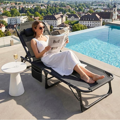 ABORON 3-in-1 Folding Patio Lounge Chair, 440LB Heavy-Duty Tri-Fold Guest Bed with Plush Cotton Cushion, No Assembly Adjustable Recliner for Office Nap, Patio Sunbathing, Poolside & Camping