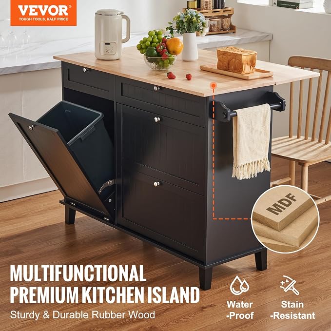 VEVOR Kitchen Island Cart, 50" Wood Top Breakfast Bar with Trash Cabinet Tilt Out 10 Gallon Storage, Farmhouse Dining Living Room Table with Drop Leaf, Towel Bar, Drawer, Black