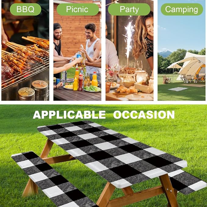 FOREVER QUEEN Picnic Table Cover with Bench Covers 72in,Waterproof Windproof Fitted Tablecloth,Black White Buffalo Plaid Camping Essentials with Drawstring Bag for Patio,Park & Backyard