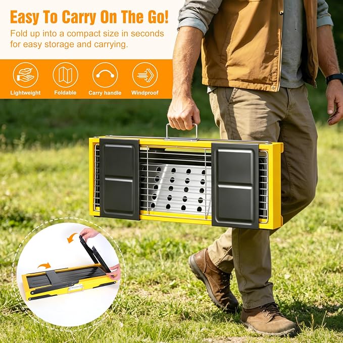 Portable Charcoal Grill, Stainless Steel Camping Tabletop BBQ Grill with Foldable Side Shelves, Compact Tabletop Barbecue with Carry Handle for Outdoor Picnic Backyard Beach Travel
