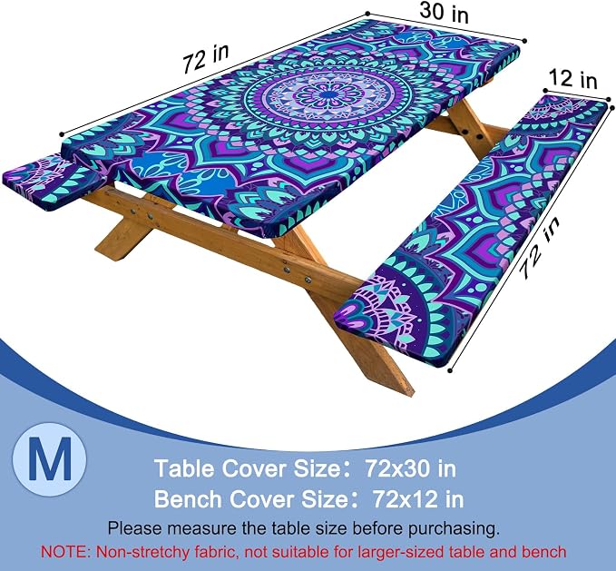 3 Piece Picnic Table Cover with Bench Covers, Camping Essentials | 72 inch Waterproof, Windproof Camping Tablecloth, Built-in Pockets, Elastic Edges, Machine Wash for Camping, BBQ, RV, Adults