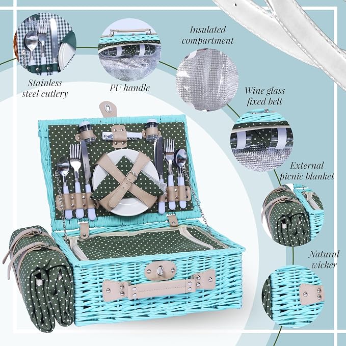 YPshuye Wicker Picnic Basket Set for 4, Blanket, Cooler Bag, Green Dots | Four-Person Wicker Set Includes Tableware, Insulated Food Storage and Waterproof Blanket for Parks, Camping, Dates and Gifts