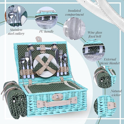 YPshuye Wicker Picnic Basket Set for 4, Blanket, Cooler Bag, Green Dots | Four-Person Wicker Set Includes Tableware, Insulated Food Storage and Waterproof Blanket for Parks, Camping, Dates and Gifts